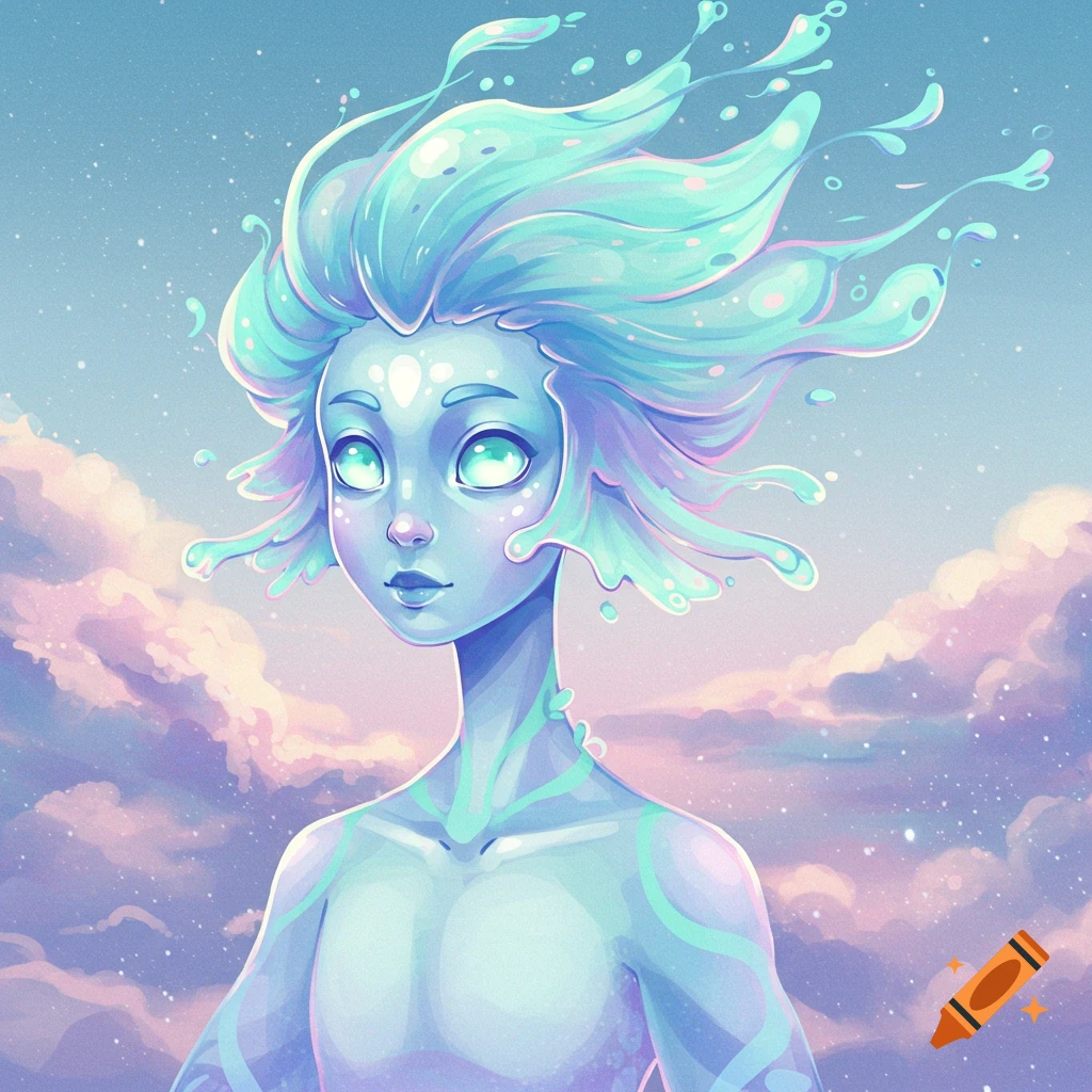 A glowing, water-like fantasy creature is in the sky with clouds.