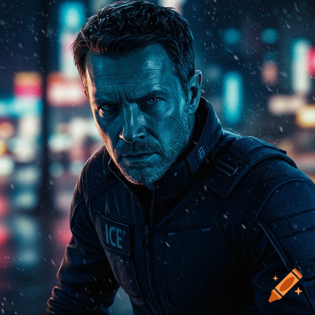 An agent in a dark jacket with 'ICE' on it, standing in a rainy futuristic city at night.