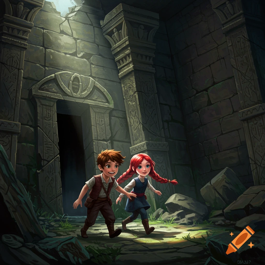 Two children exploring a dark ancient tomb ruin.