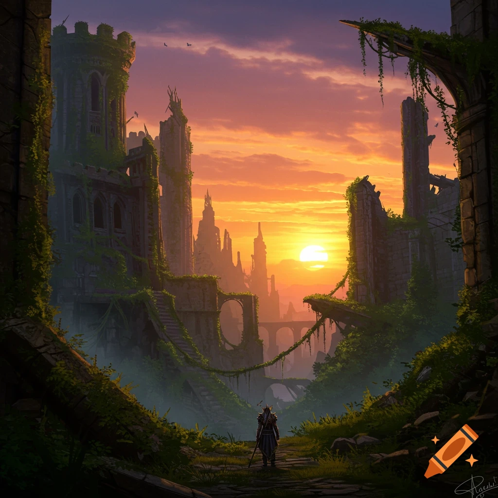 A person standing before overgrown ruins at sunset.