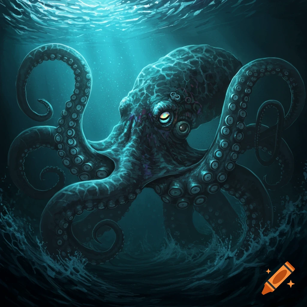 A large Kraken or octopus rises from the deep underwater.