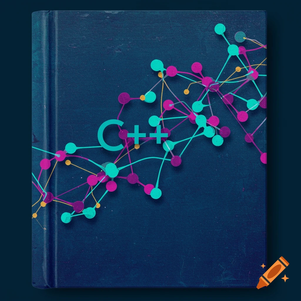 Book cover with C++ title and colorful abstract network design