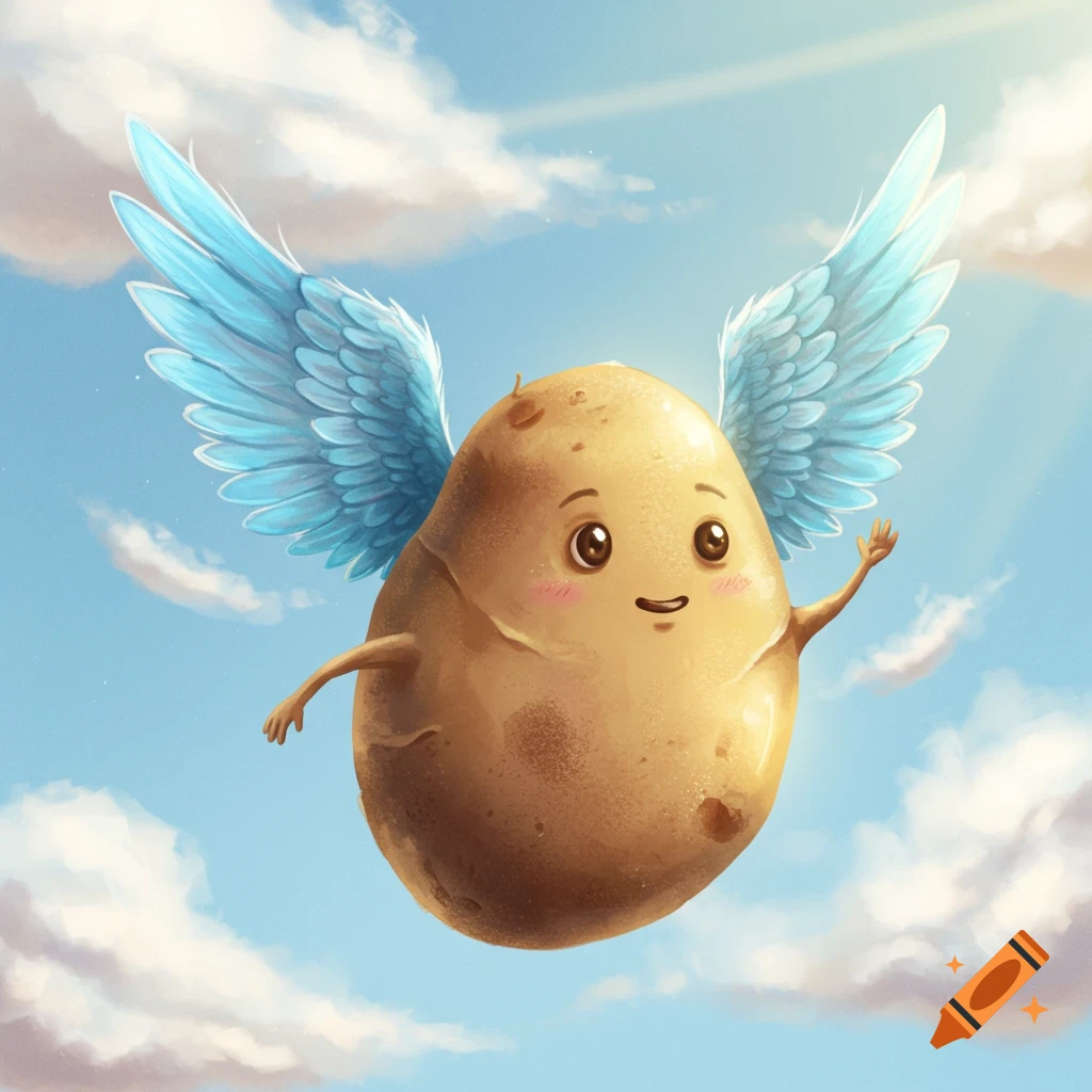 A cute cartoon potato with blue wings flies in a sunny, cloudy sky.