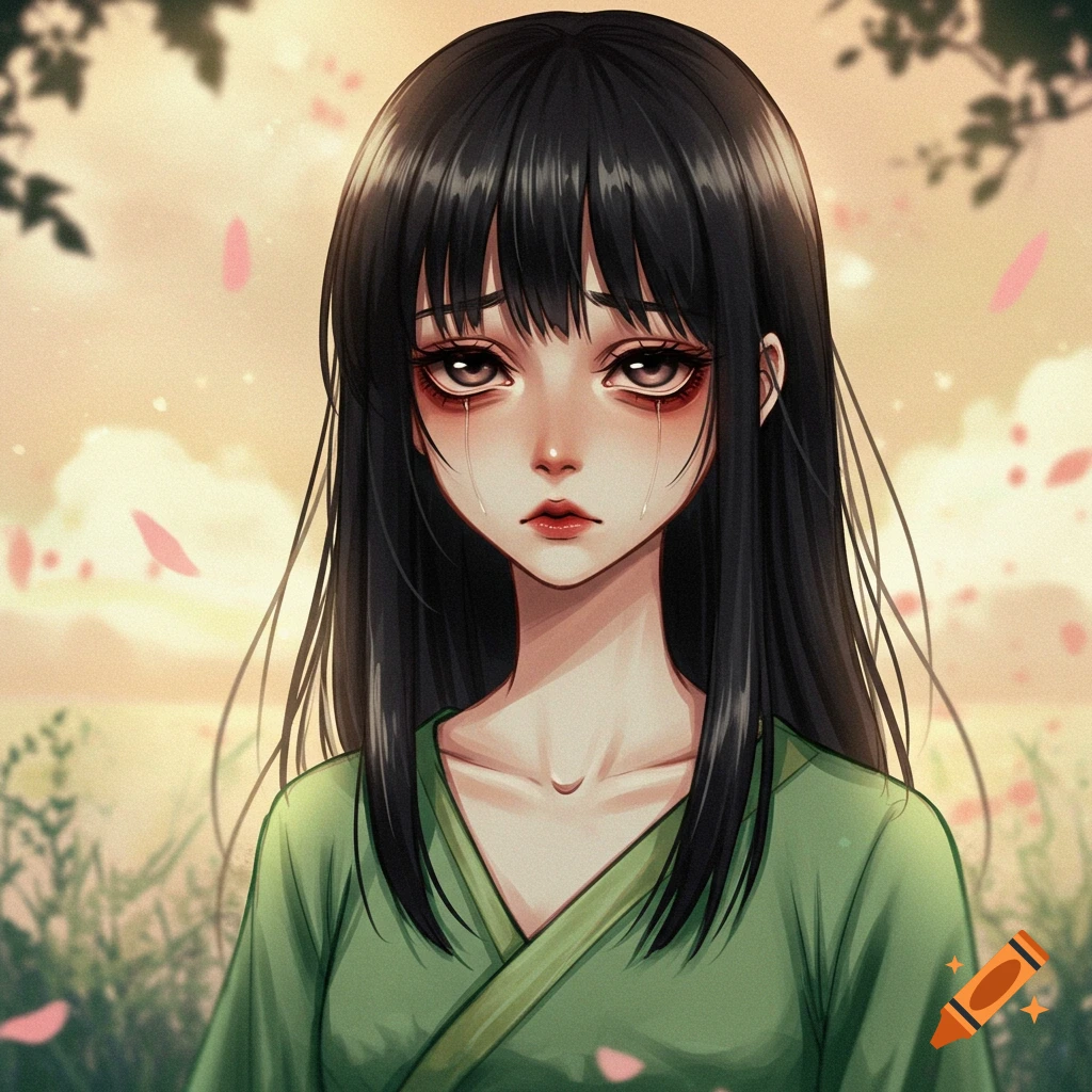 An anime portrait of a sad girl with long black hair and a green gown, crying.