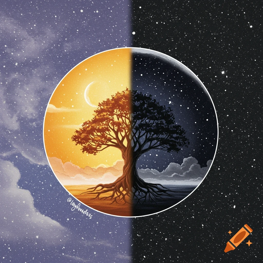 A tree split into day and night within a circle, symbolizing duality against a matching sky background.