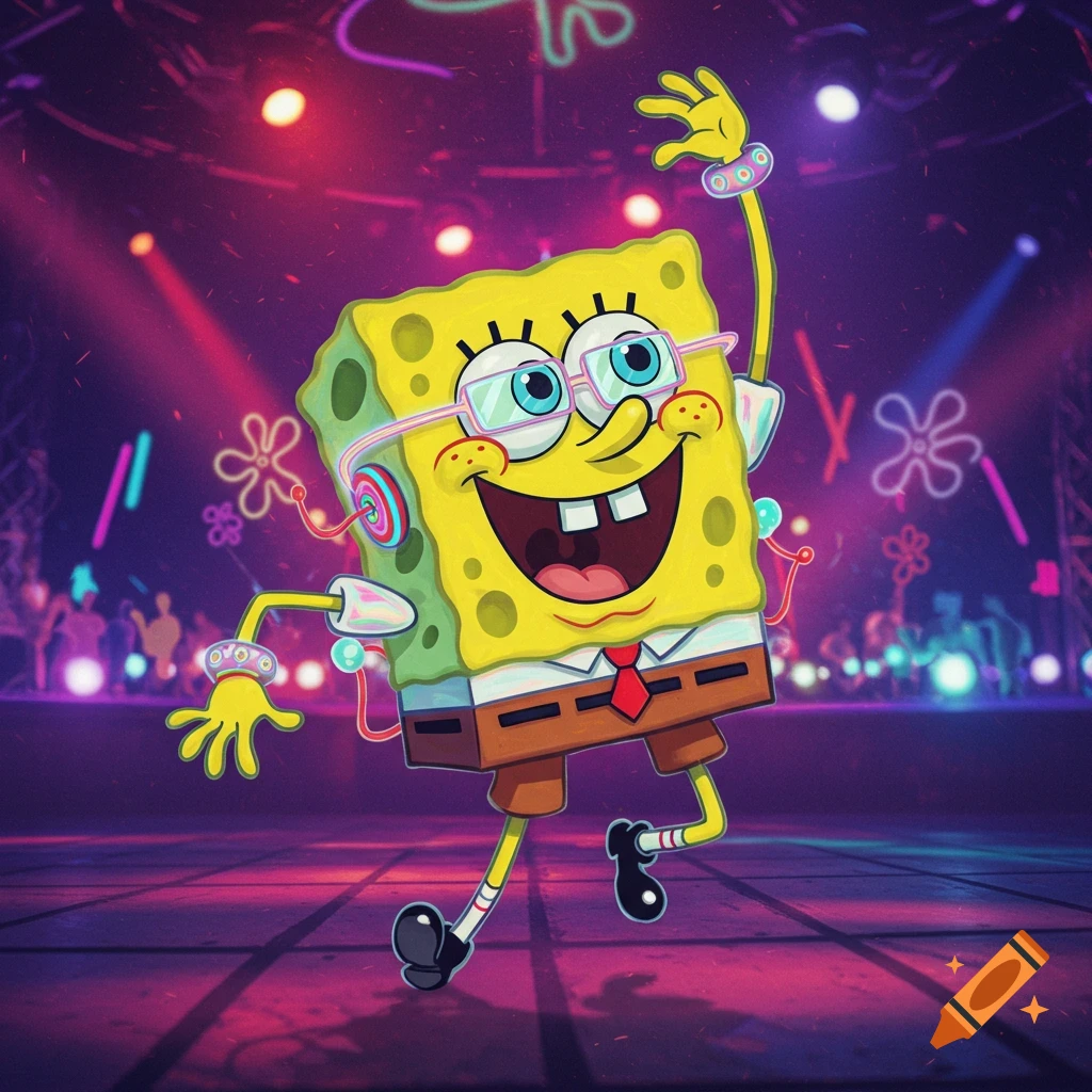 Spongebob Squarepants dancing at a vibrant club party with neon lights.