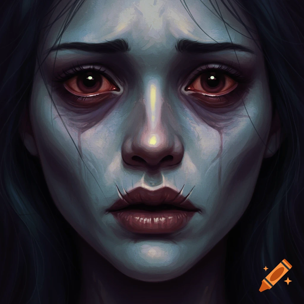 A close-up of an eerie, sad woman's face with red eyes and blue skin.