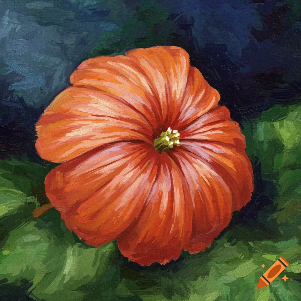 A close-up painting of a vibrant orange flower surrounded by green leaves.