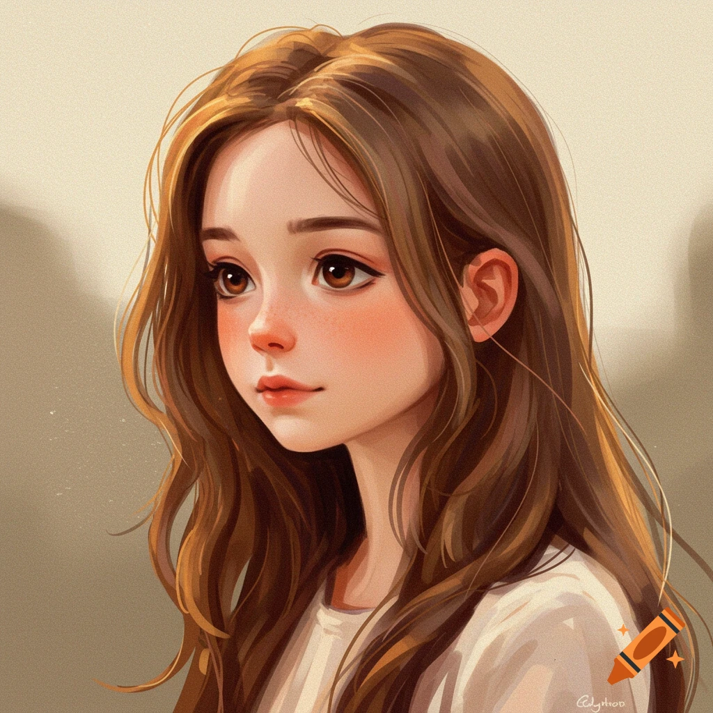 a young girl with long brown hair looking left.