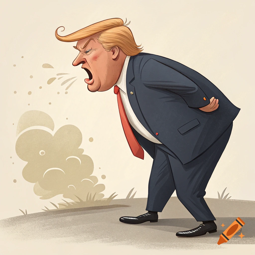 Cartoon caricature of Donald Trump reacting to gas behind him.