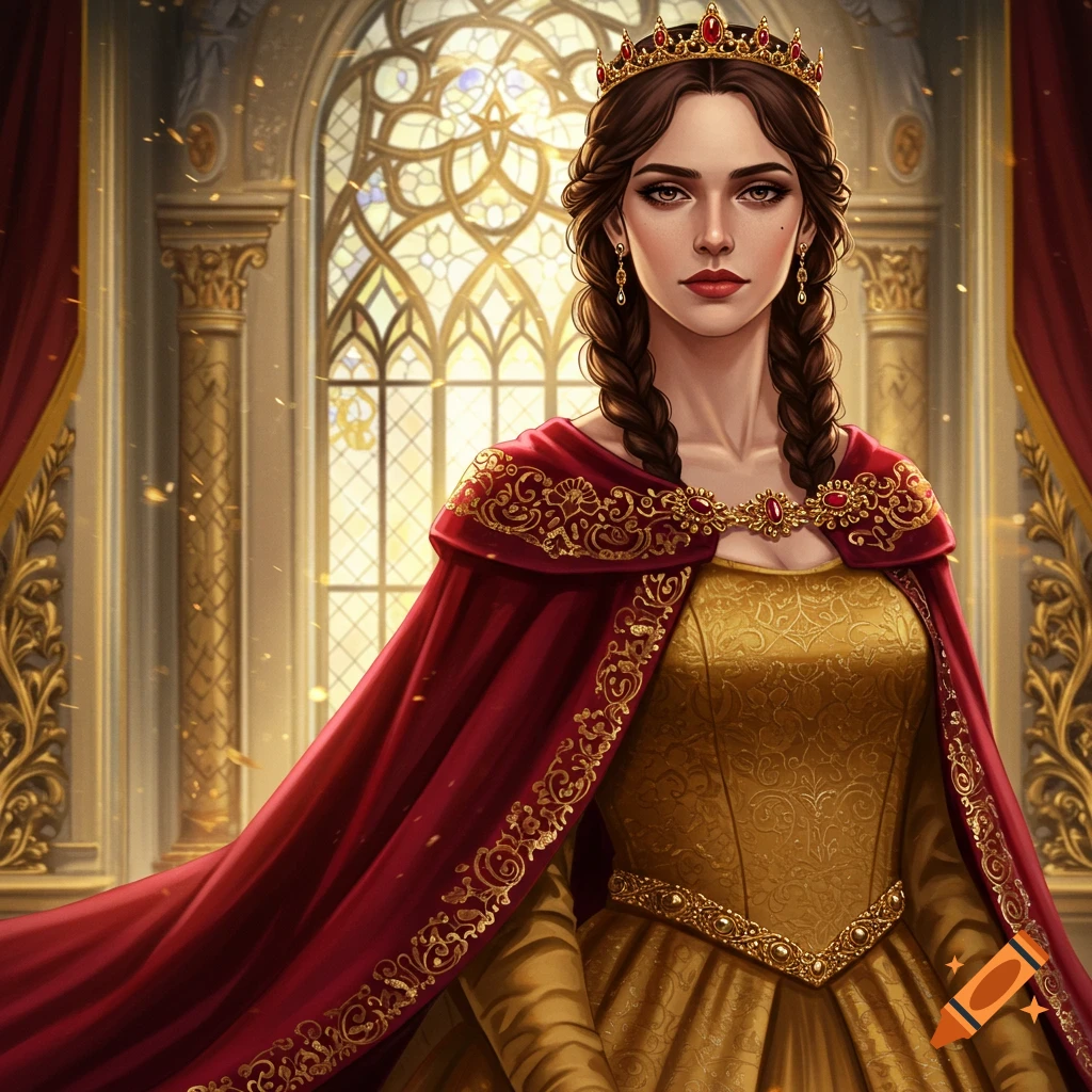 A queen in a gold dress and red cape in a royal setting.