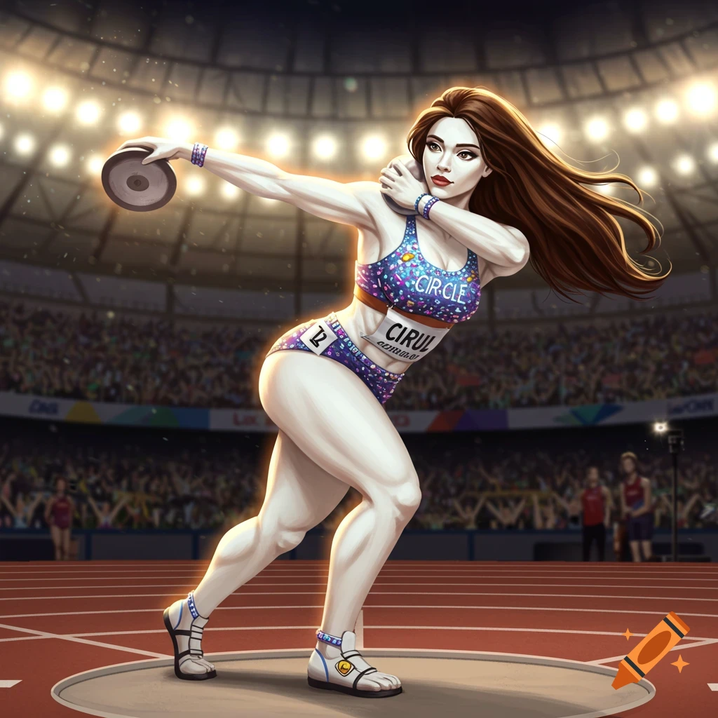 A female athlete throws a discus in a stadium.