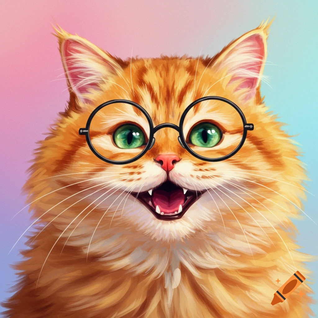 An orange tabby cat wearing round black glasses and smiling widely