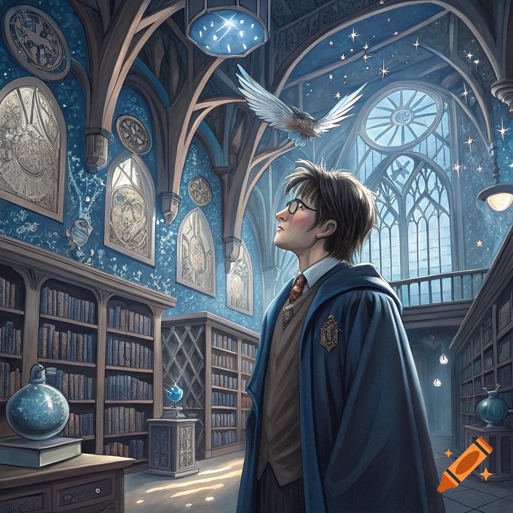 A young man in wizard robes stands in a grand, detailed library looking up at a white owl flying under a starry ceiling.