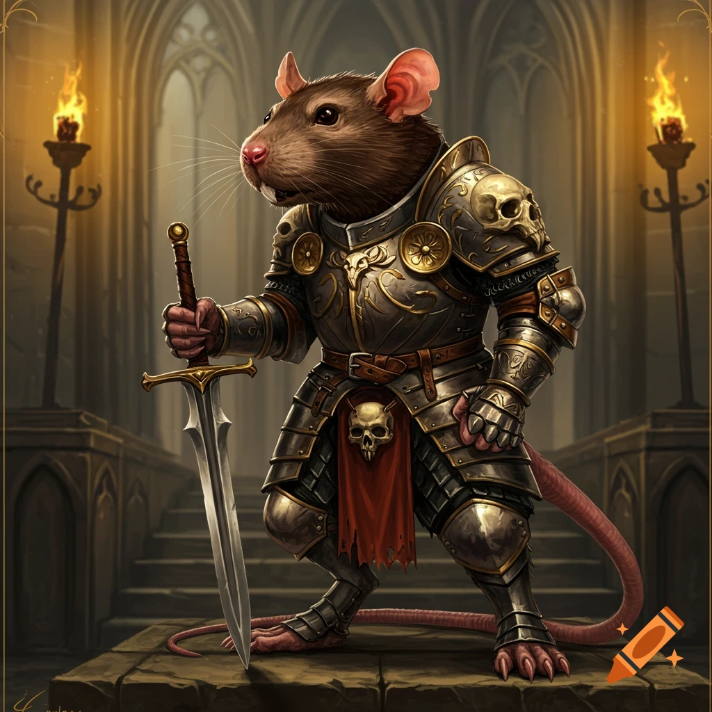 A rat knight in armor stands with a sword in a gothic hall.