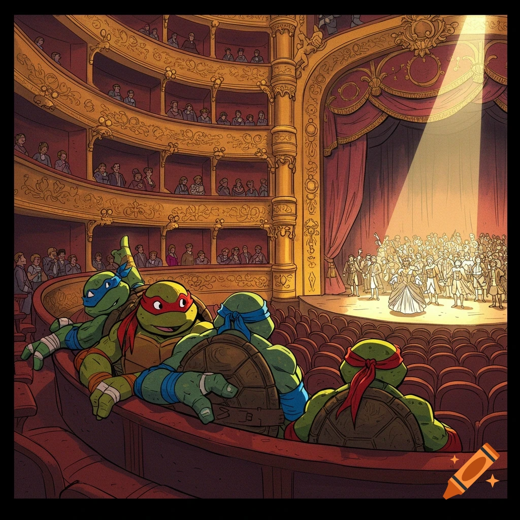 Ninja Turtles sitting in a theater box watching an opera performance on stage.