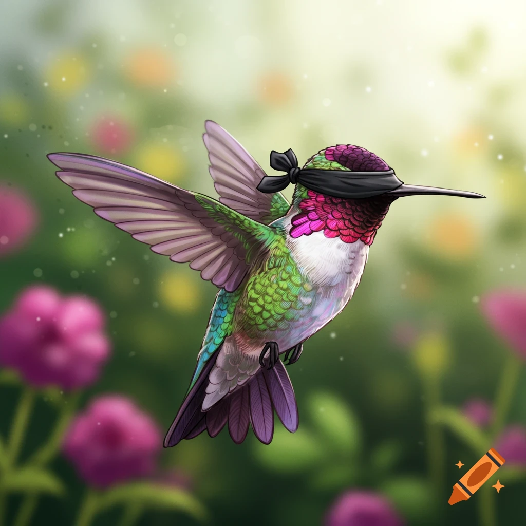 An illustration of a colorful hummingbird wearing a black blindfold, flying among blurred flowers.
