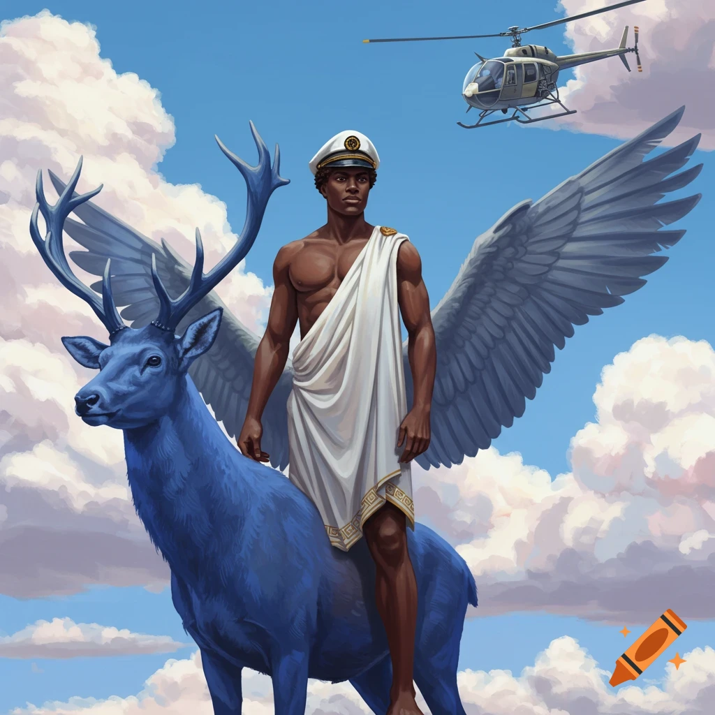 A winged man in a toga and captain hat rides a blue winged stag through the sky alongside a helicopter.