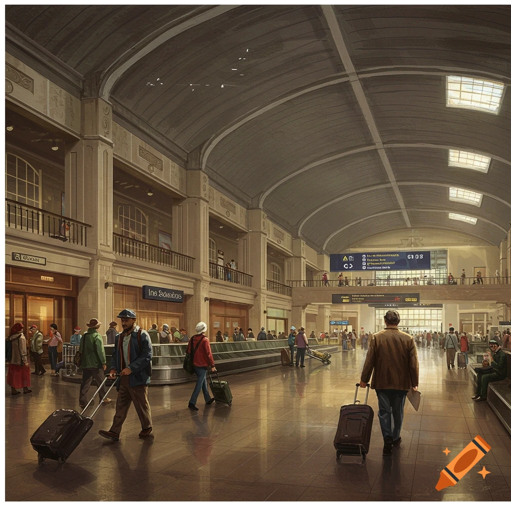 A busy airport terminal interior with many travelers dragging luggage.
