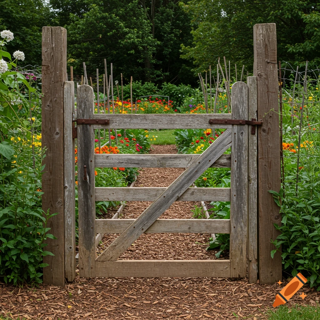 A rustic wooden gate opens into a garden filled with colorful flowers.