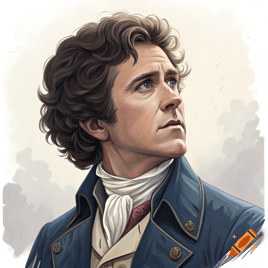 Portrait of a man in historical clothing looking up, illustration
