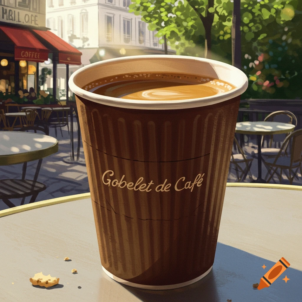 A coffee cup on a table outside a cafe in Paris.