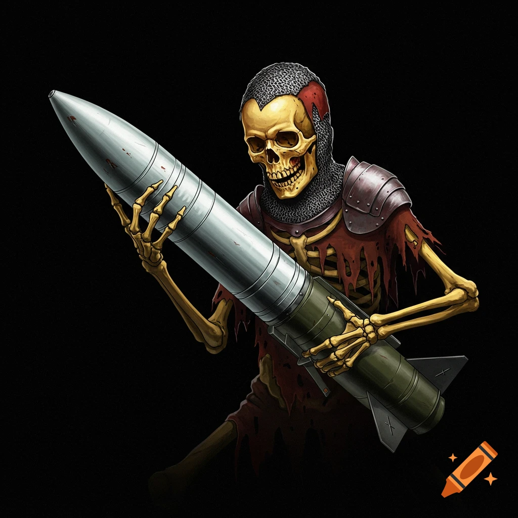 A skeleton in armor holding a large missile.