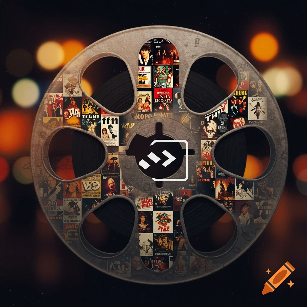 A film reel covered in tiny movie posters, with a white shuffle icon in the center, against a blurry bokeh background.