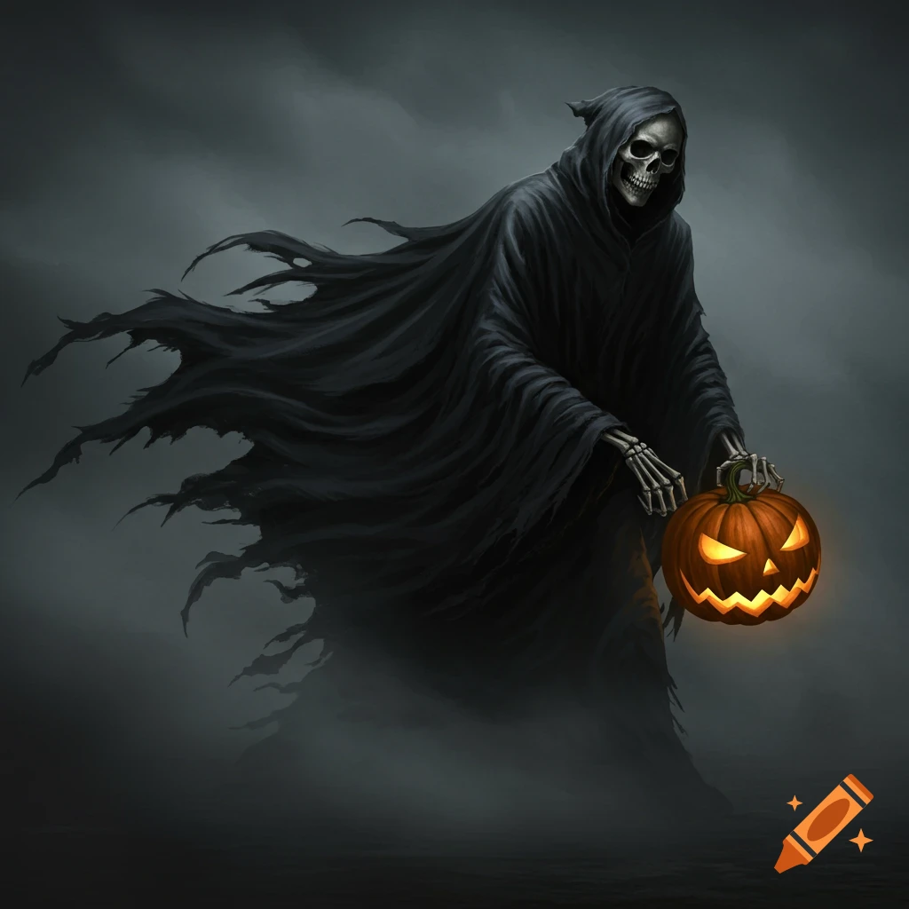A Grim Reaper holds a glowing jack-o'-lantern in a foggy environment.