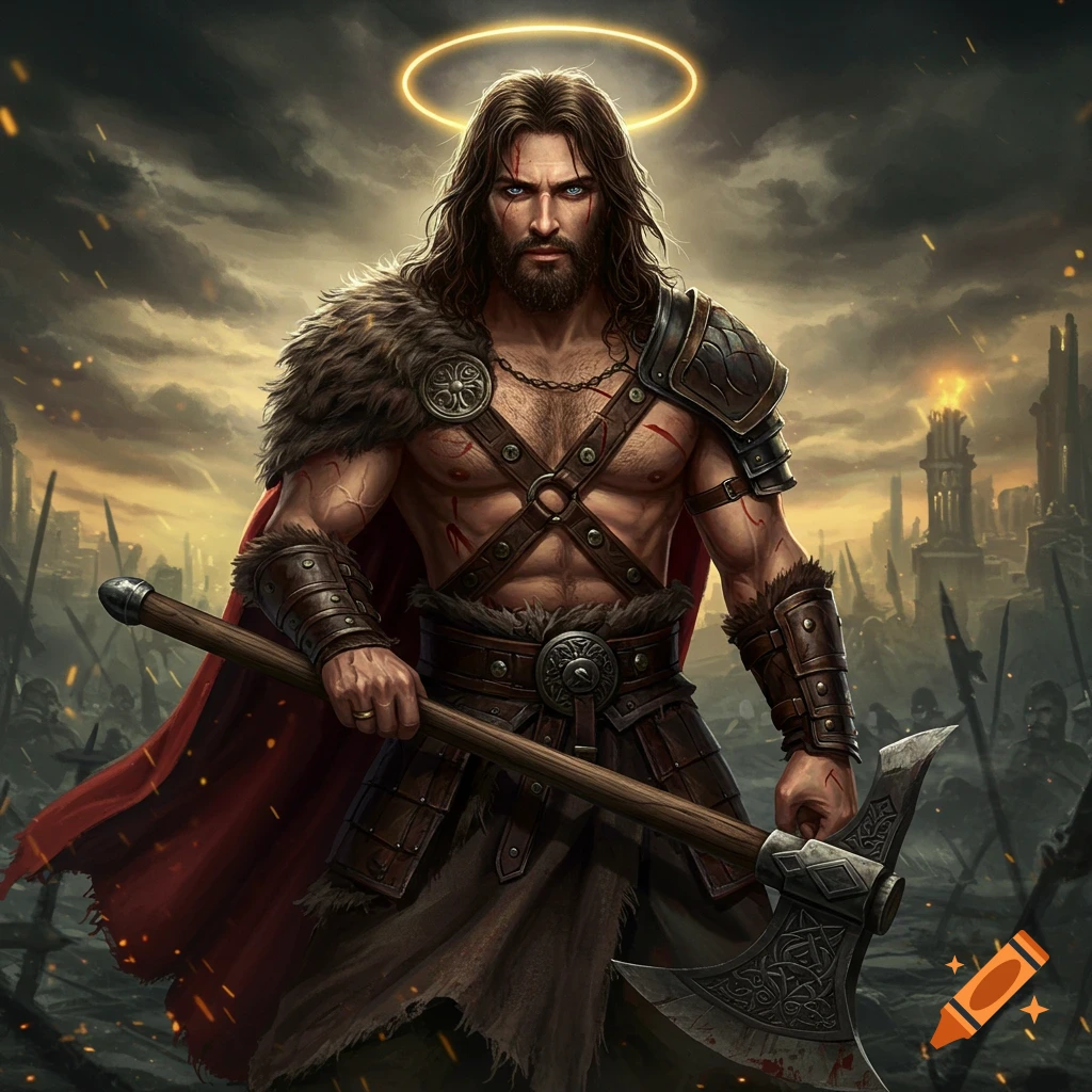 A muscular barbarian with a halo holds an axe on a battlefield.