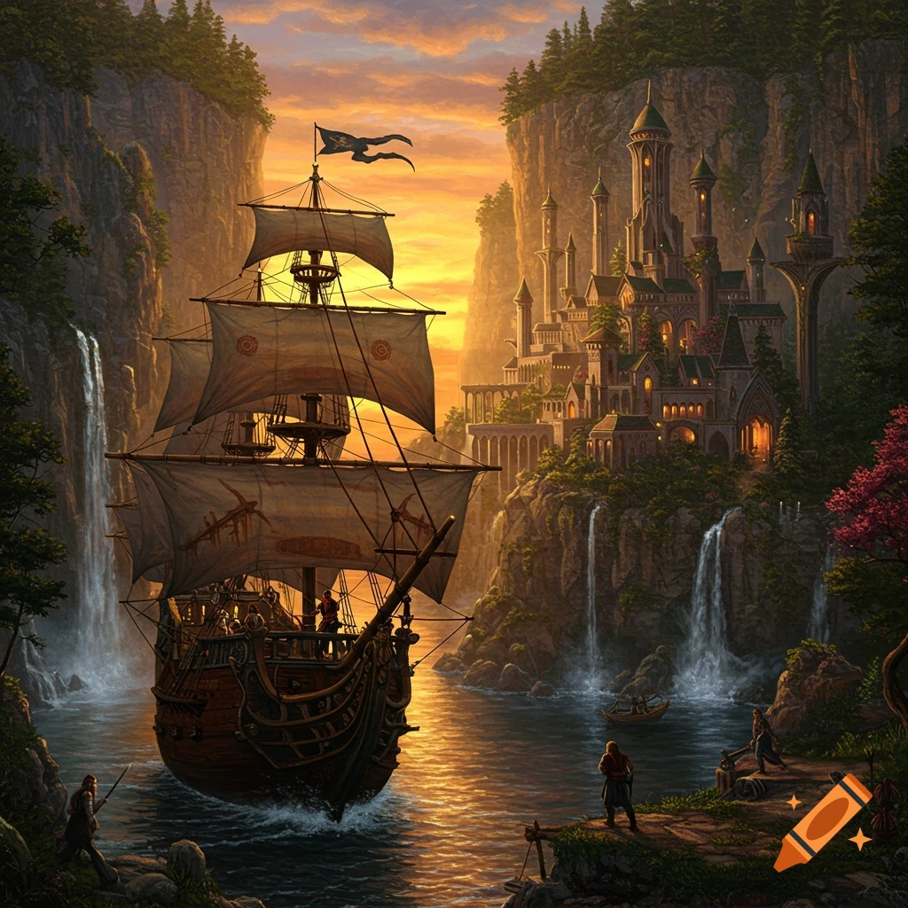 A pirate ship sails past an elven city built into a cliffside at twilight, in a painted fantasy style.