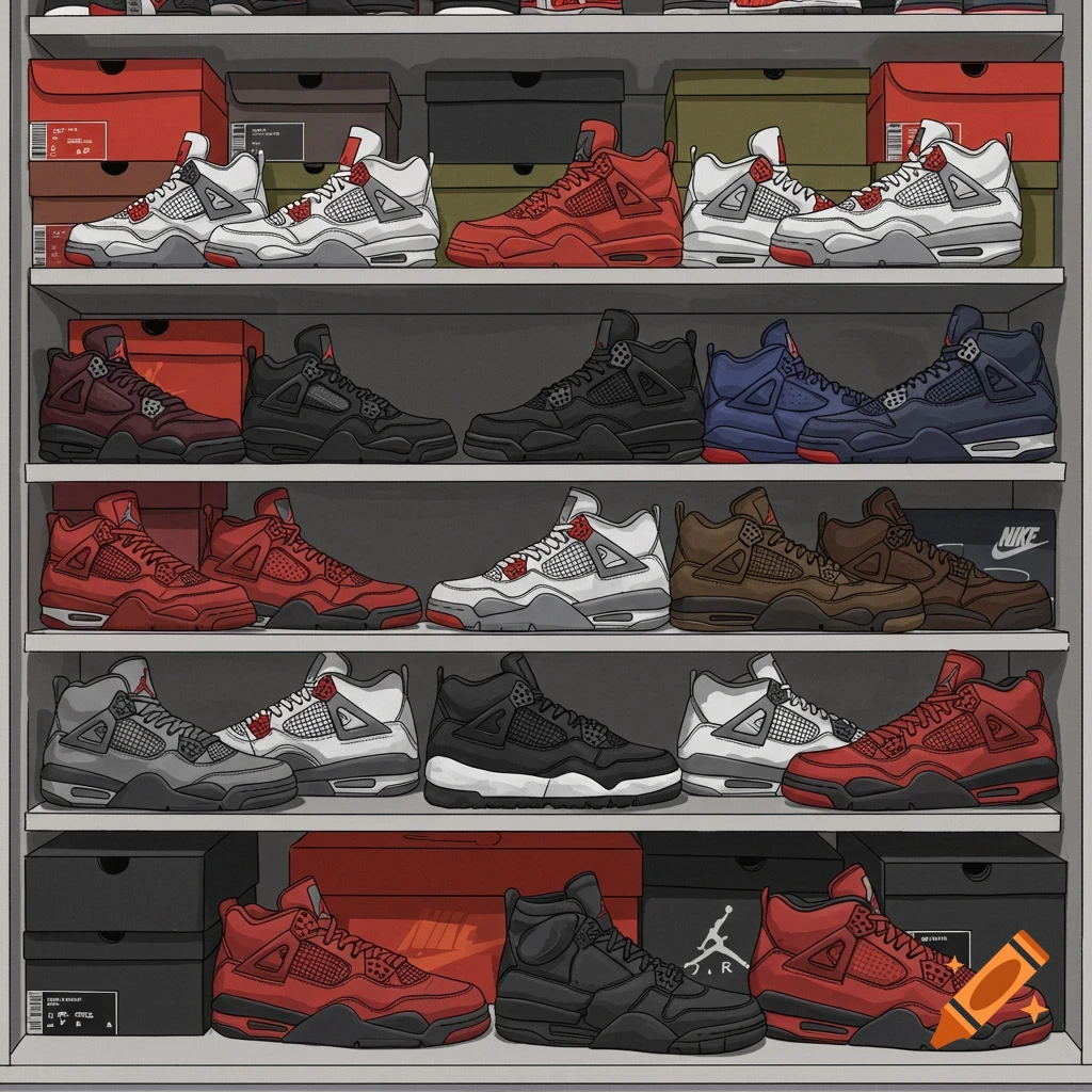 A collection of colorful Jordan 4 sneakers are displayed on shelves in a closet.