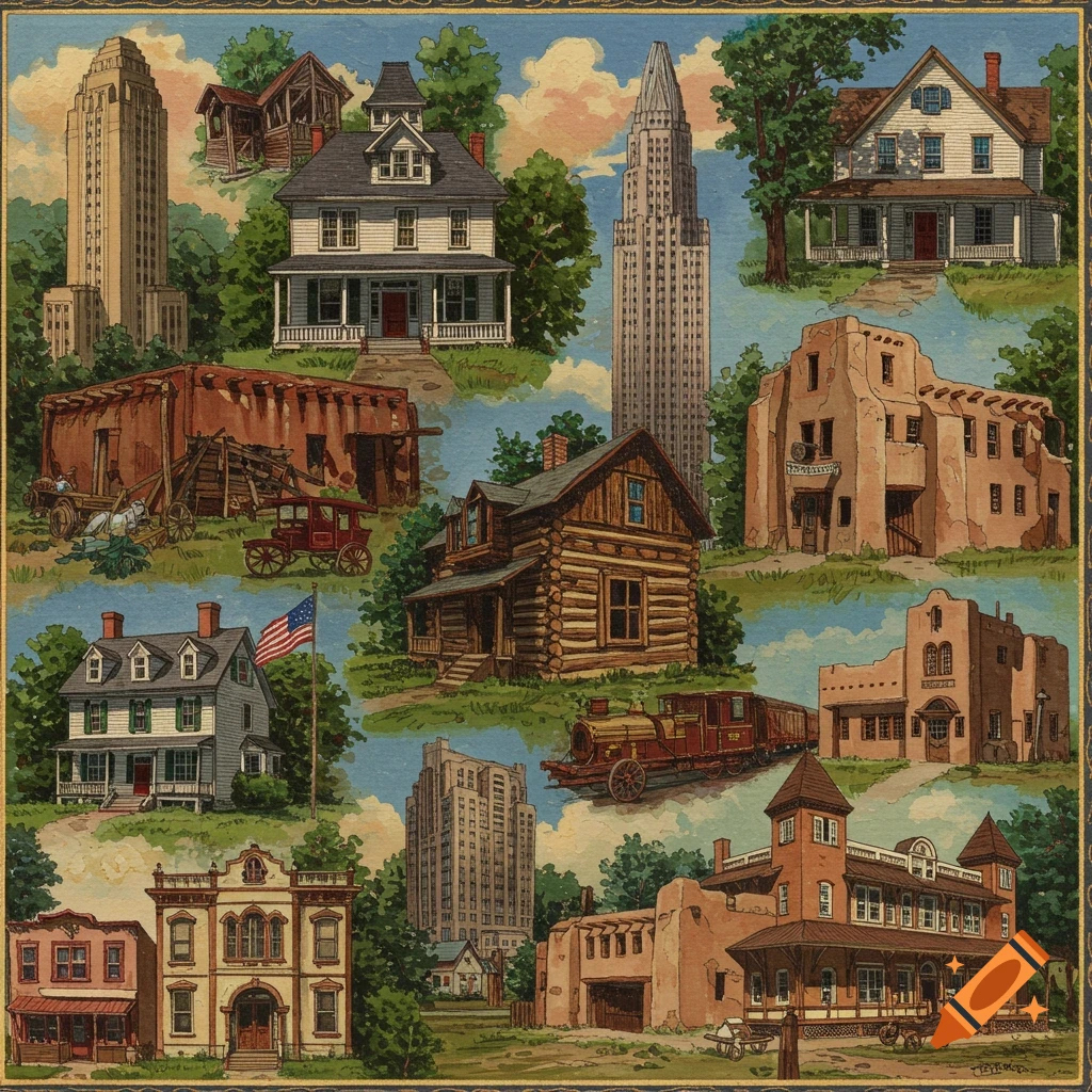 Collage featuring historical buildings, a train, carriage, and an American flag