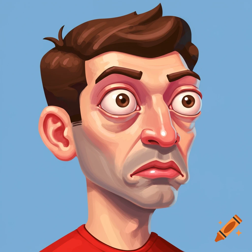 Stylized illustration of a man with wide, exaggerated eyes and a worried expression.