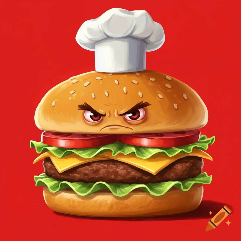 An illustration of an angry cartoon hamburger with eyes and a chef hat on a red background.