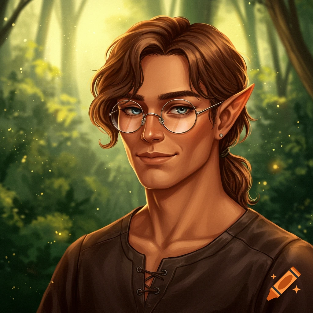 Painting of a handsome male half-elf with wavy brown hair and glasses in a forest.