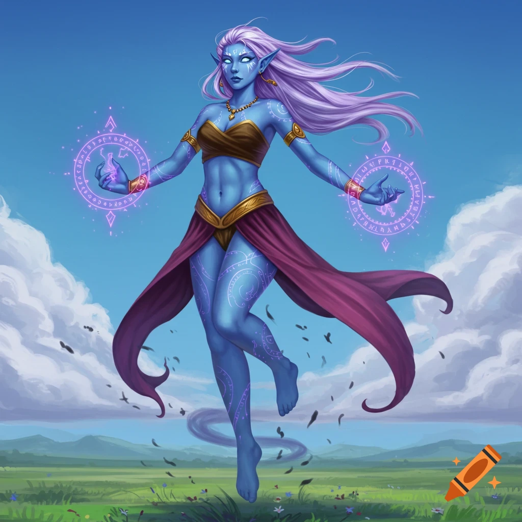 A blue-skinned fantasy woman levitating over a field with magic circles.