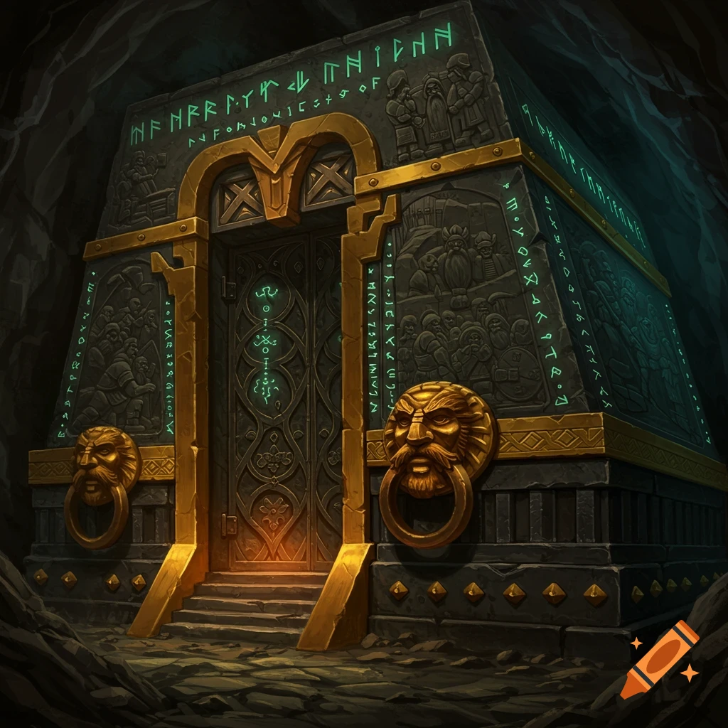 An ornate dwarf tomb entrance in a cave with glowing runes and golden handles.
