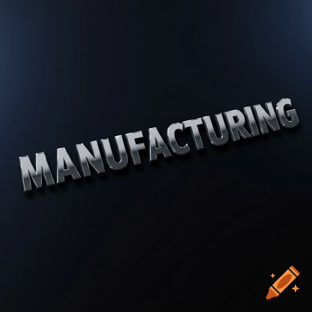 3D metal text spelling MANUFACTURING on a dark background.