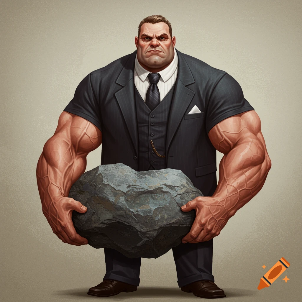 A heavily muscled man in a suit holding a large rock.
