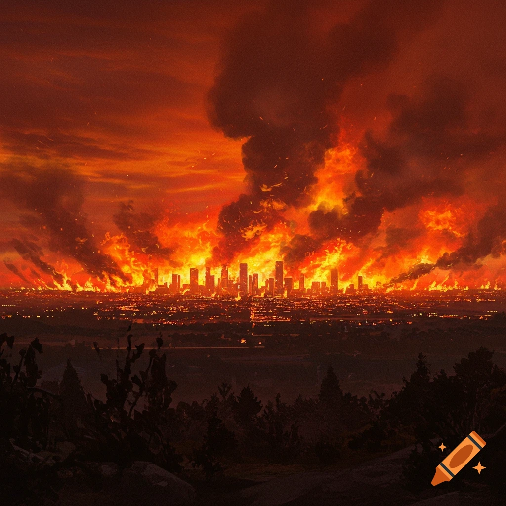 A city burns at night under a red sky.