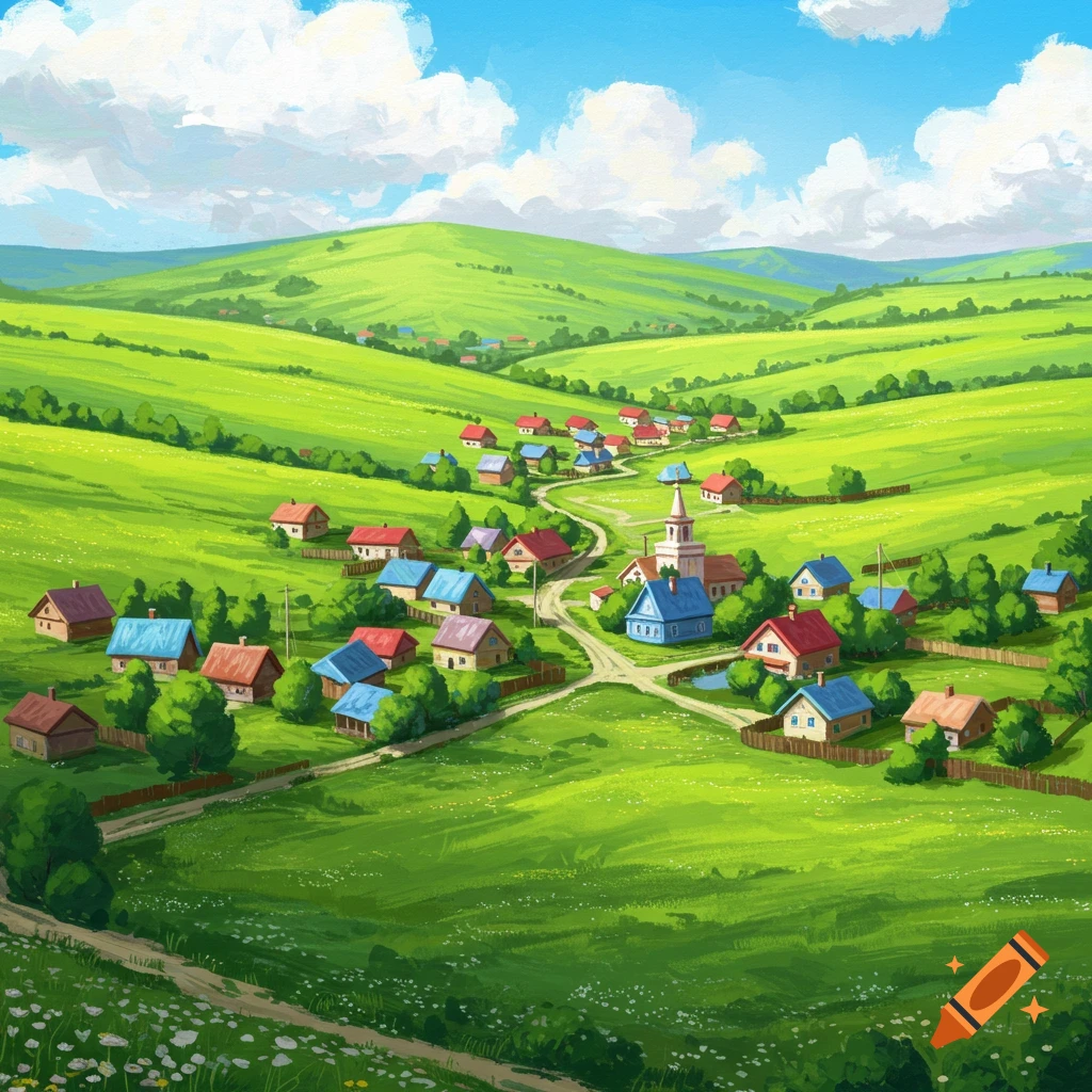 A colorful village nestled in a lush green valley with rolling hills and a blue sky.