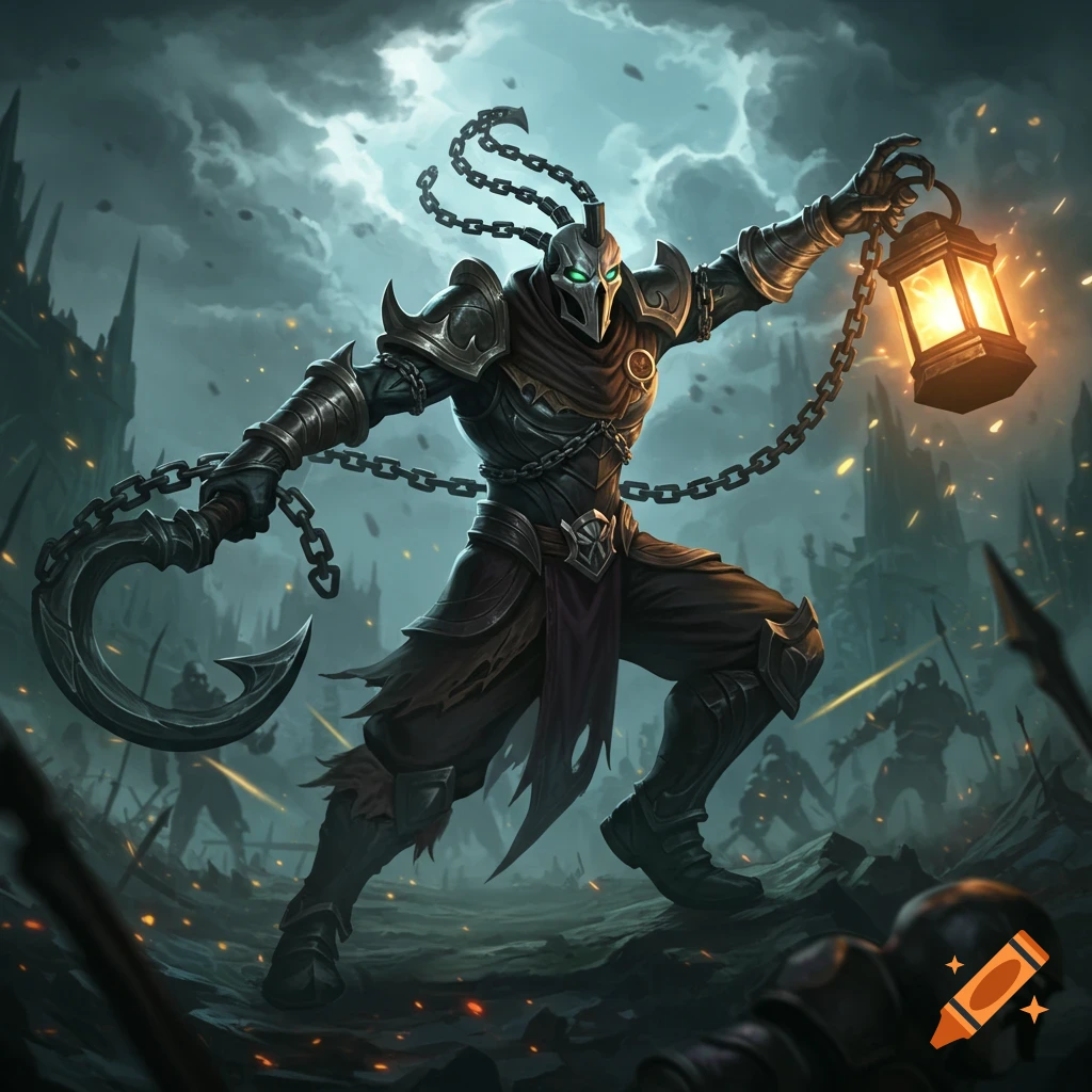 A dark fantasy character similar to Thresh from League of Legends holding a hook and lantern in a battle scene.