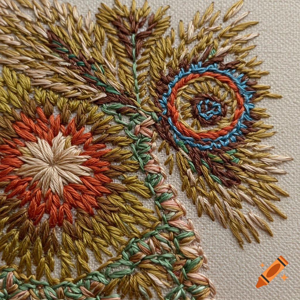 Close-up of intricate colorful embroidery stitches