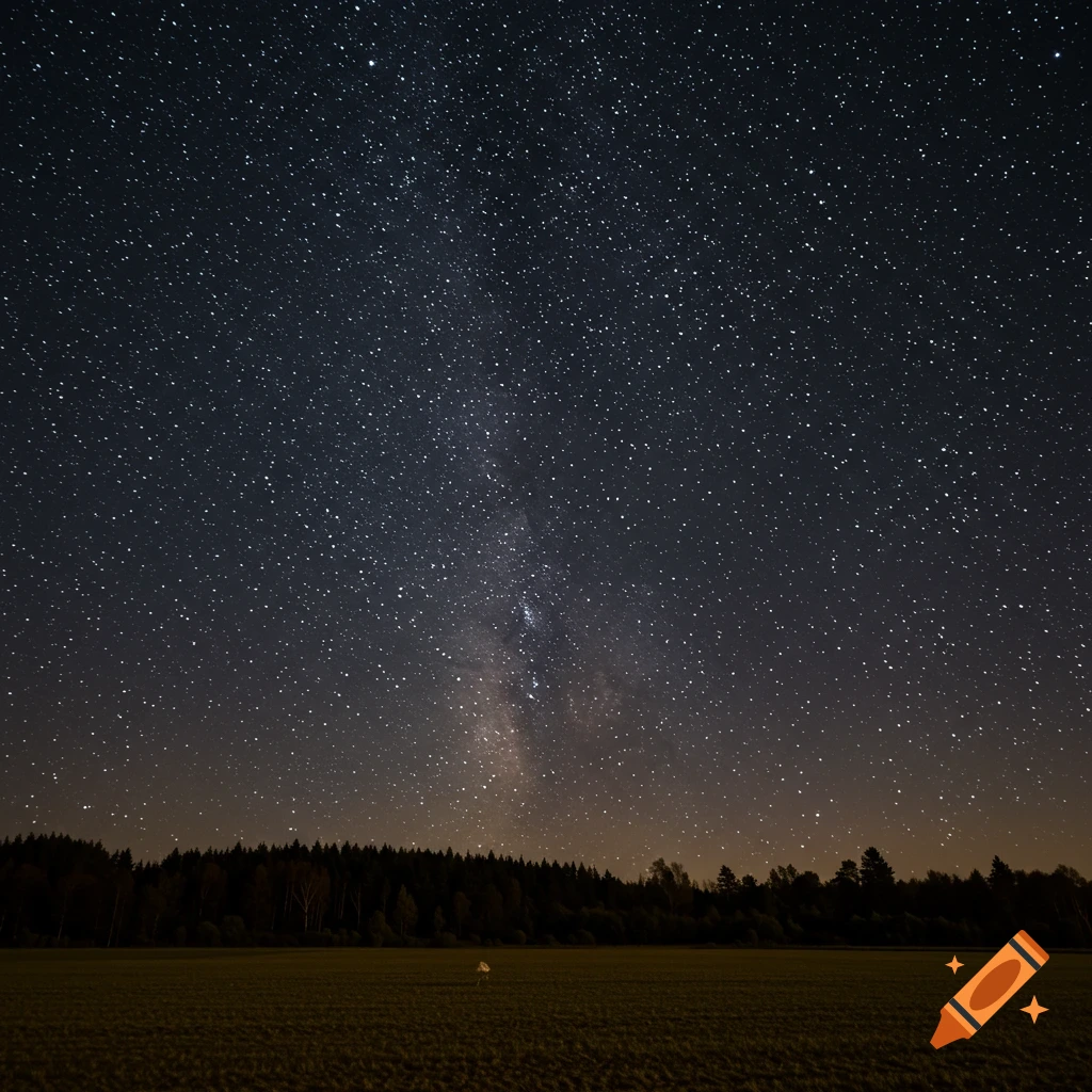 Night sky filled with stars and the Milky Way over a dark forest and field.