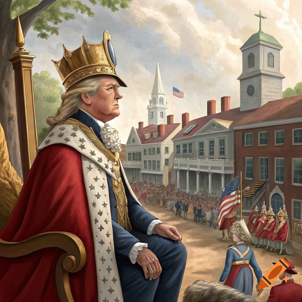 Painting of Donald Trump dressed as King George III sitting on a throne in a colonial town square, with a crowd and building in the background.