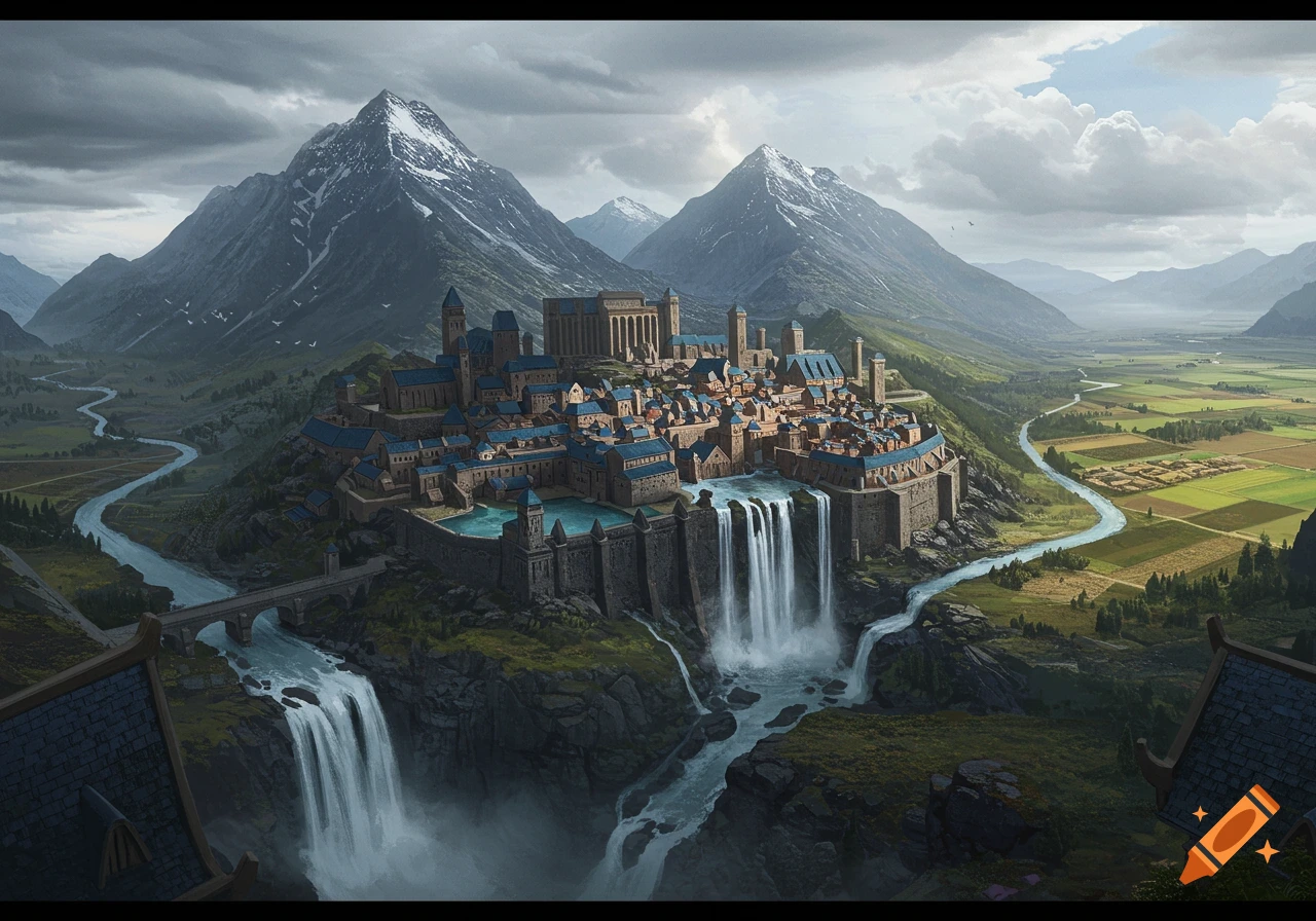 A fantasy city built on a mountain slope with waterfalls cascading down into a valley with farms.