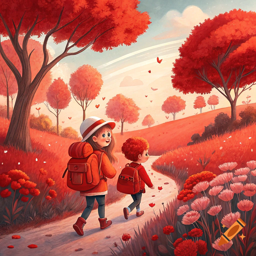 Children walk on a path through a vibrant red landscape with trees and flowers in a painting style.
