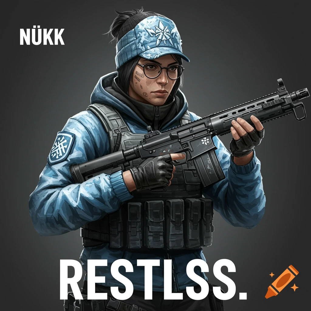A woman in blue tactical gear holding a rifle.