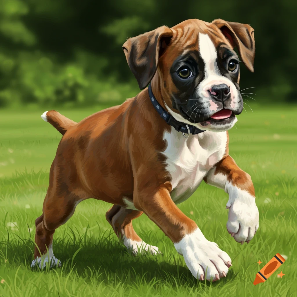 A boxer puppy runs through green grass.